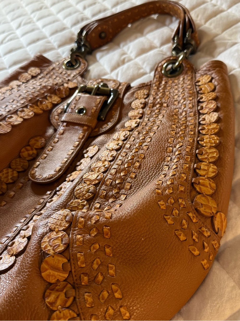Isabella Fiore Vintage Cognac Brown Leather Whipstitch Applique Hobo Bag